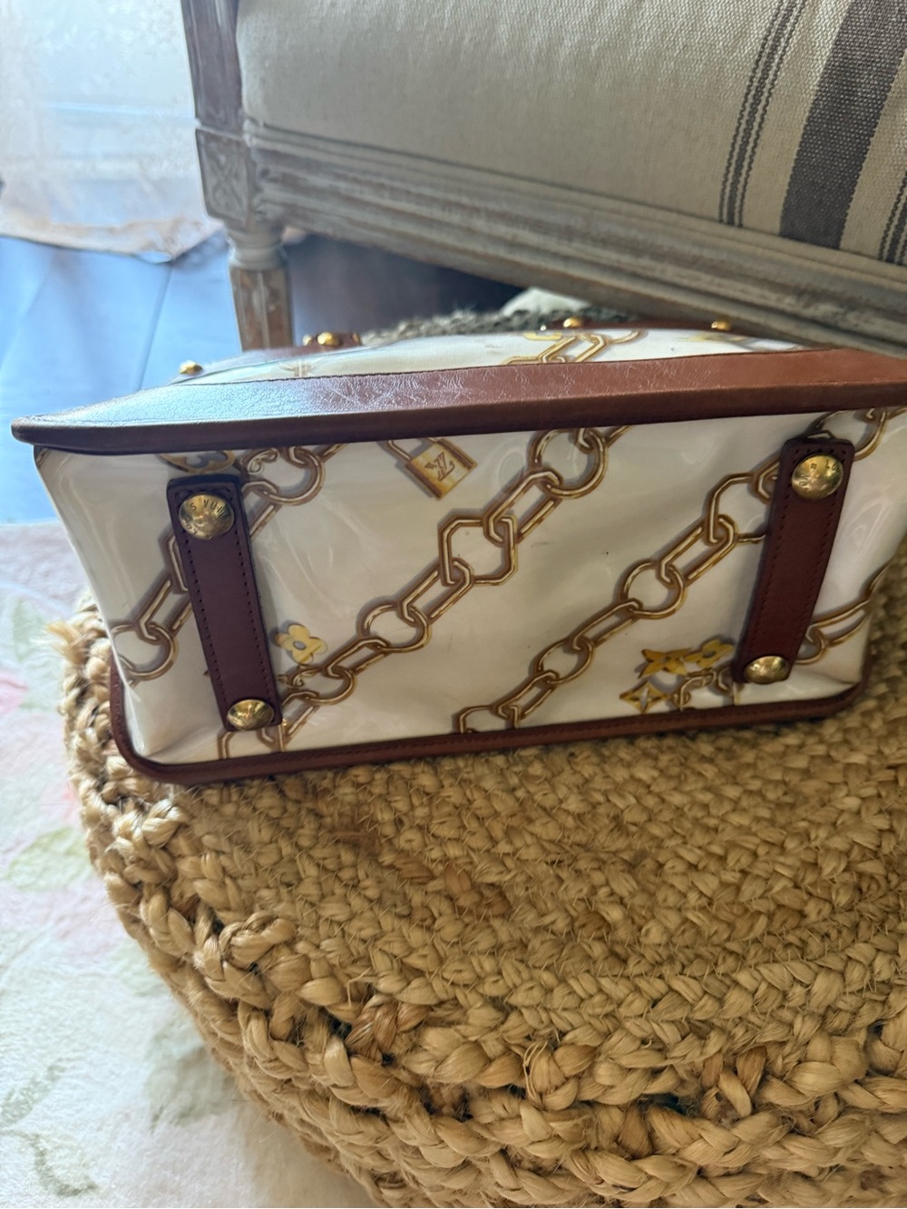 Louis Vuitton Brown & White Chain-Print Satchel with Gold Hardware - Picture 4 of 6